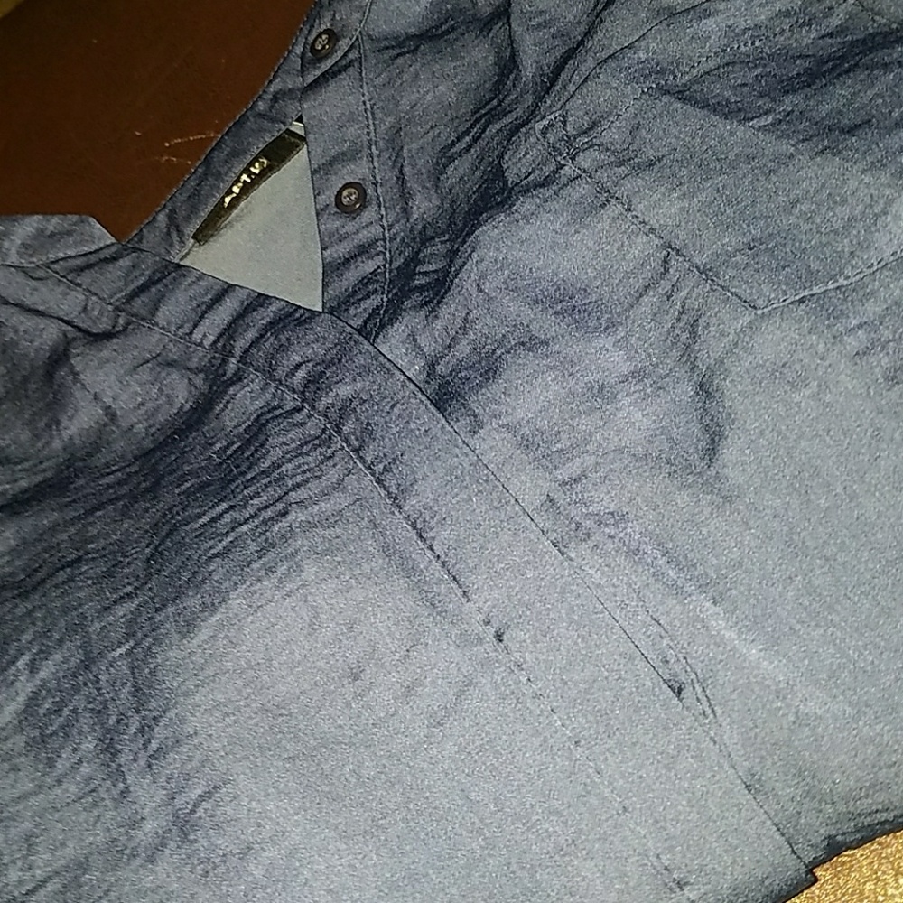 Dark navy blue button up high low blouse